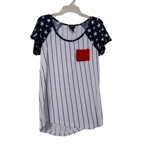 Rue21 Juniors Girls XS Shirt Stretch Red White Blue Stripe Stars Pocket Pullover